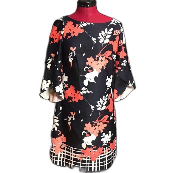 Vince Camuto Dress Women’s Size 6 Navy & Coral Floral 3/4 Tulip Sleeves - Picture 1 of 8